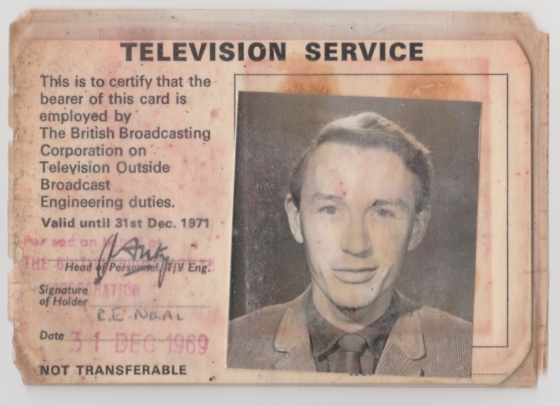 Former BBC television outside broadcast vision supervisor Roger Neal's 1969 photo identification pass