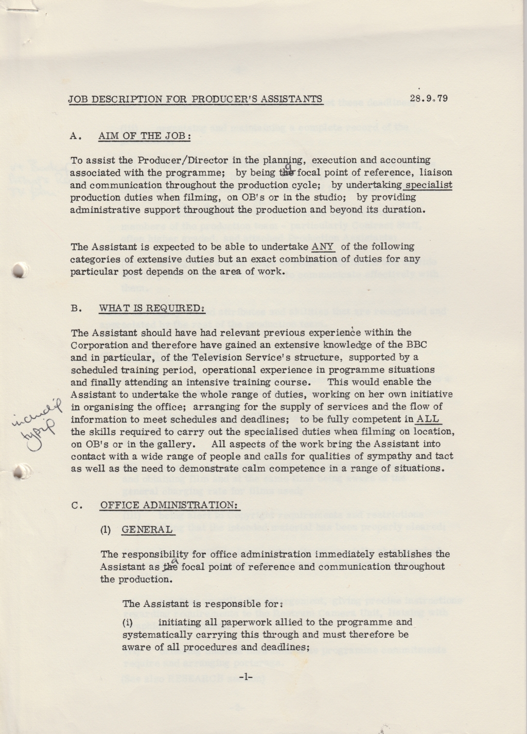 The first page of a job description setting out the tasks of an outside broadcast producer's assistant. Click to enlarge in a new tab.