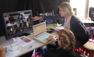 Producer Amanda Murphy and logger Amy Clark monitoring output during an ADAPT outside broadcast reenactment.